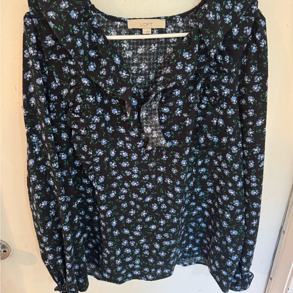 LOFT Black and Blue Floral Blouse